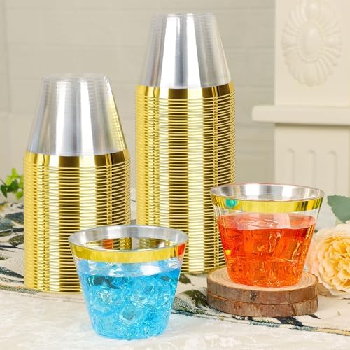 Zcaukya 100pcs 9oz Gold Rim Plastic Cups
