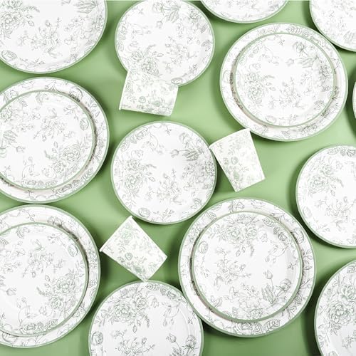 175Pcs Sage Green Floral Party Set Plates Napkins Cups Cutlery