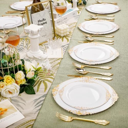 102PCS White and Gold Plastic Plates for Weddings Parties