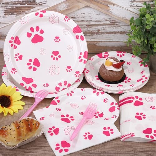 Durony 72 Piece Dog Paw Print Party Set Pink Decor
