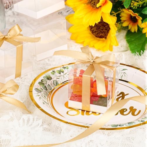 Hxezoc 50 Pack Clear Cube Gift Boxes with Gold Ribbons