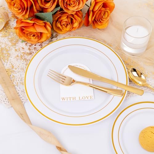 600 Pcs Gold Plastic Plates and Utensils for 100 Guests