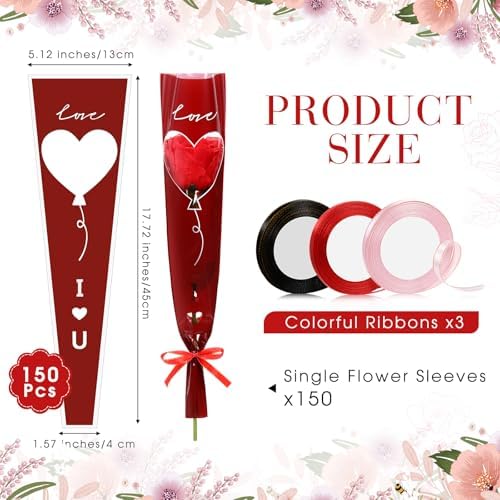 Jutom 300 Pcs Graduation Single Rose Flower Wrap Bags with 3 Polyester Ribbon
