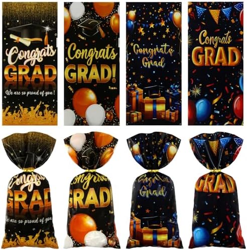 Graduation Cellophane Treat Bags 100pcs Black Gold Congrats Gift Bags