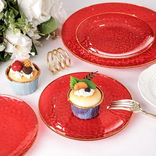 Rubtlamp 60 Pcs Red Plastic Plates with Gold Rim