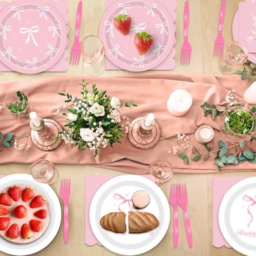 96 Pack Bow Paper Plates and Napkins Set for Birthday Parties
