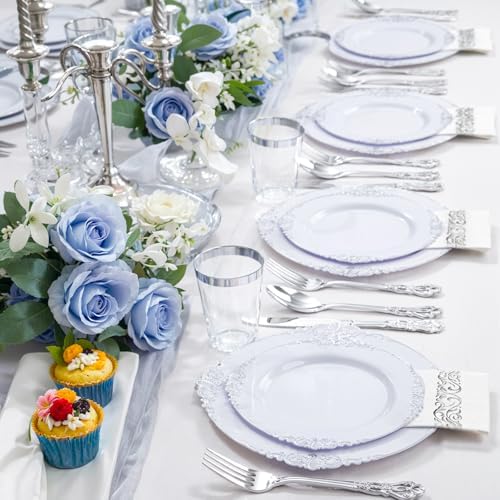 YOUBET 700PCS Silver Plastic Plates Set - 100 Person Wedding Party Disposable Tableware