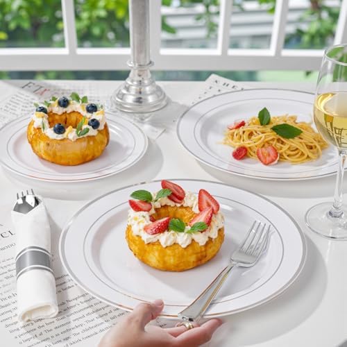 WDF 120PCS Plastic Christmas Plates with Silver Rim