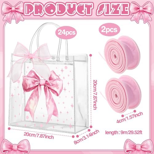 Wesnoy 24 Pcs Pink Bow Clear PVC Gift Bags with Handles