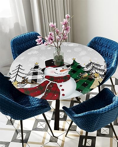 Winter Snowman Round Waterproof Table Cover Fitted Tablecloth