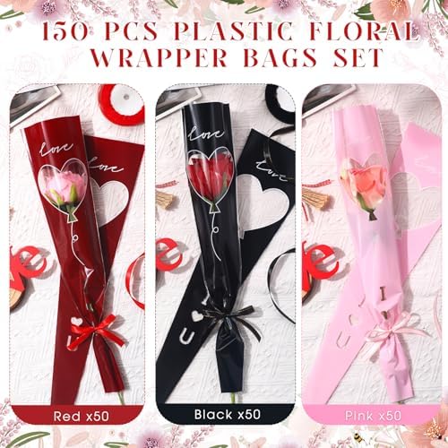 Jutom 300 Pcs Graduation Single Rose Flower Wrap Bags with 3 Polyester Ribbon