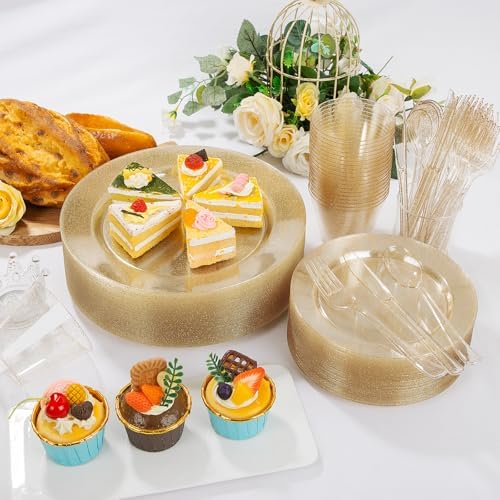 WELLIFE 300 PCS Gold Glitter Dinnerware Set for 50 Guests