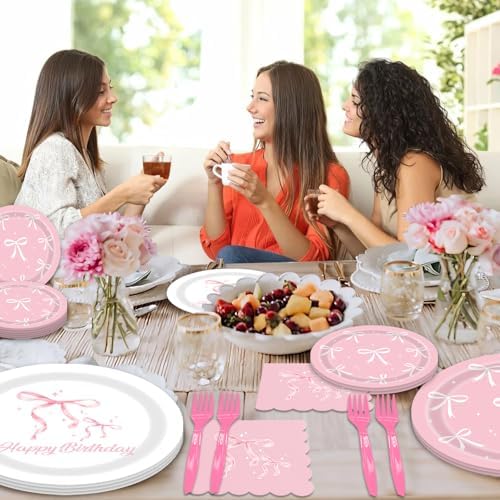 96 Pack Bow Paper Plates and Napkins Set for Birthday Parties
