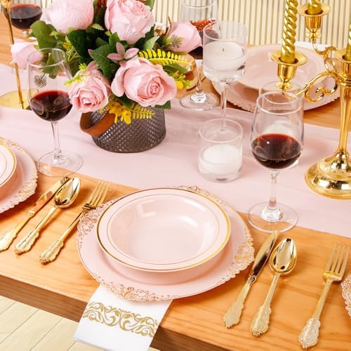 Nervure 50 Pack Pink Plastic Bowls with Gold Rim