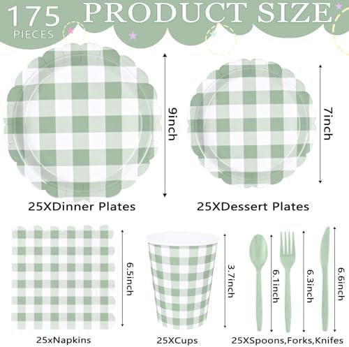 175 PCS Sage Green Gingham Plates Napkins Set for Party