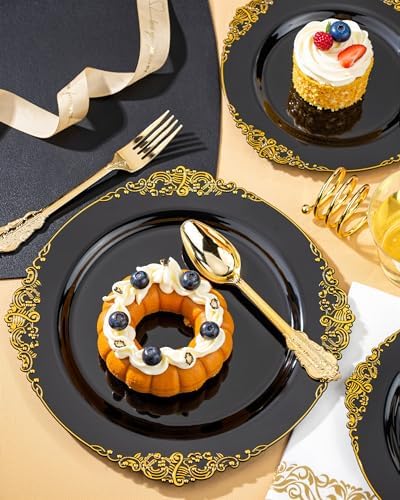 Nervure 350PCS Black Plastic Plates Set for 50 Guests