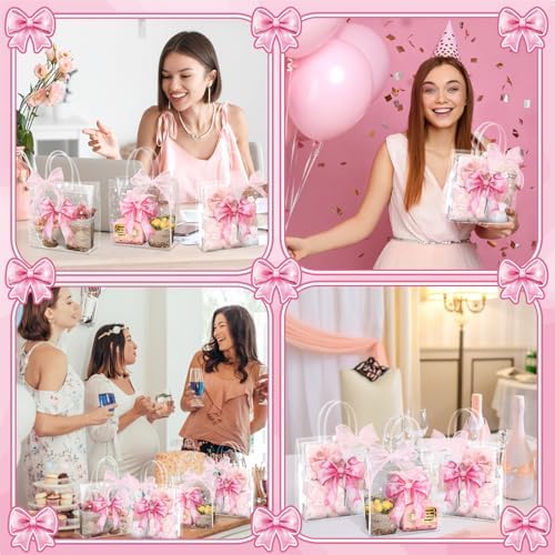 Wesnoy 24 Pcs Pink Bow Clear PVC Gift Bags with Handles