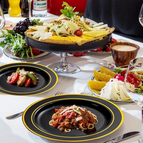 bUCLA 150 Piece Black and Gold Disposable Dinnerware Set for 25 Guests
