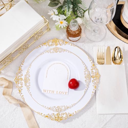 102PCS White and Gold Plastic Plates for Weddings Parties