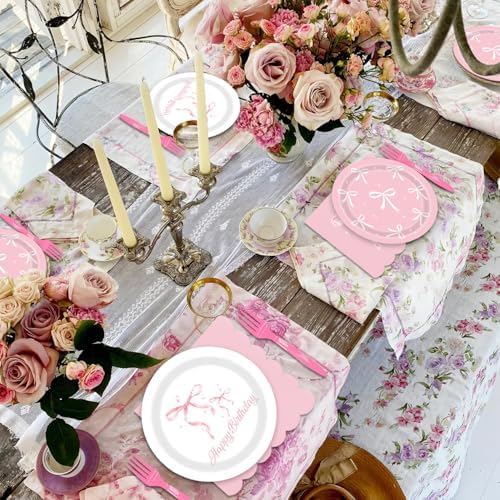96 Pack Bow Paper Plates and Napkins Set for Birthday Parties