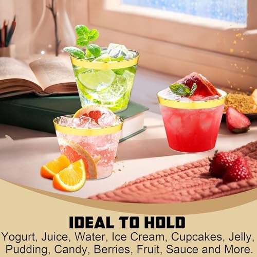 Zcaukya 100pcs 9oz Gold Rim Plastic Cups