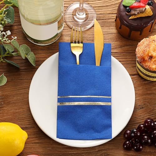 Roshtia 100 Pack Gold Trim Dinner Napkins with Flatware Pocket