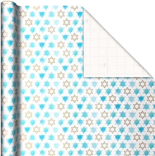 Hallmark Hanukkah Wrapping Paper with Cutlines Blue Gold Star of David