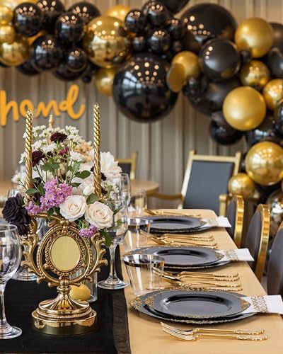 Nervure 350PCS Black Plastic Plates Set for 50 Guests