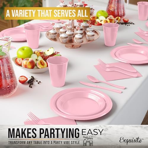 350 Pcs Pink Plastic Plates Set for Parties