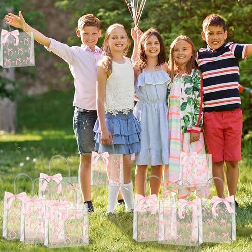 QOUBAI 24pcs Pink Bow Clear PVC Gift Bags with Handles
