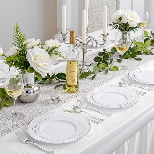 WDF 120PCS Plastic Christmas Plates with Silver Rim
