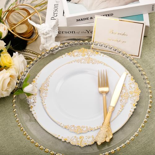102PCS White and Gold Plastic Plates for Weddings Parties