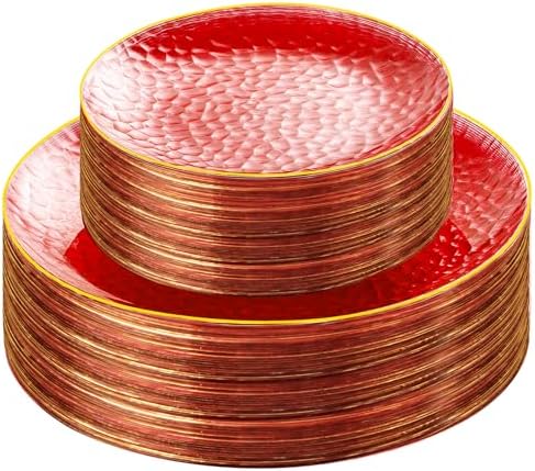 Rubtlamp 60 Pcs Red Plastic Plates with Gold Rim
