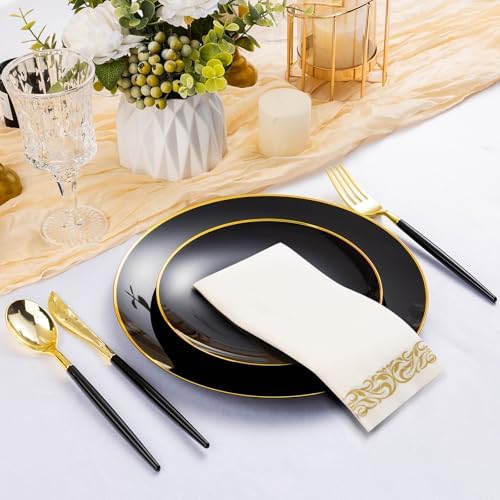 350 Pieces Black Gold Plastic Dinnerware Set for 50 Guests