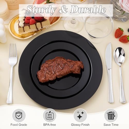 200PCS Black Plastic Plates Set for Parties and Weddings