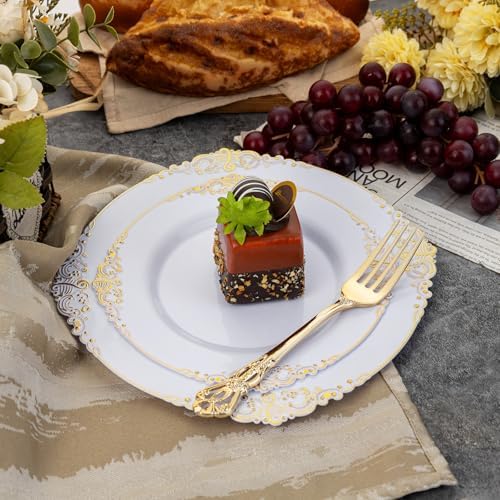 102PCS White and Gold Plastic Plates for Weddings Parties