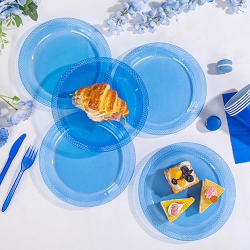 WELLIFE 210Pcs Clear Blue Plastic Plates Set for Party