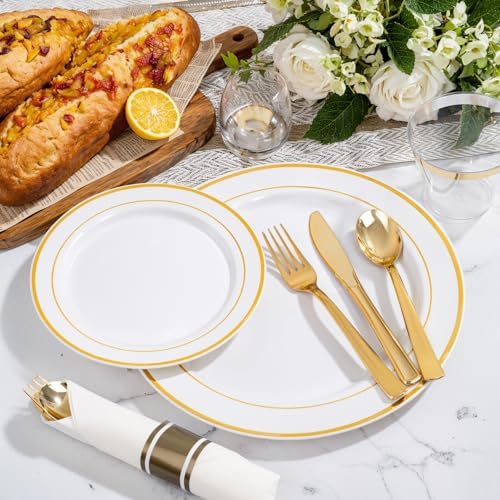 WELLIFE 350Pcs White Gold Plastic Plates for 50 Guests