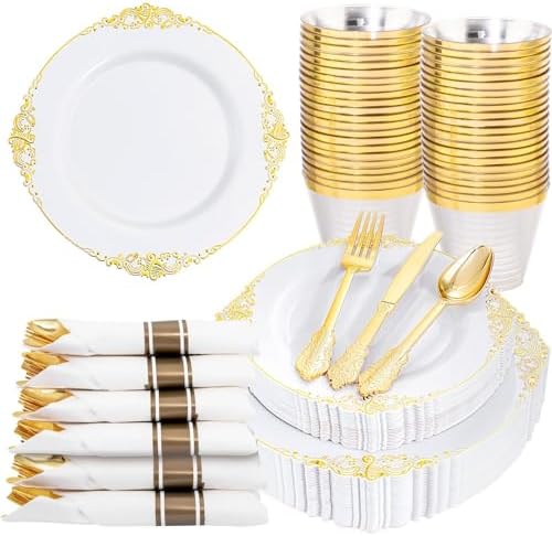 Nervure 175PCS Gold Plastic Plates for 25 Guests Wedding Party Supplies