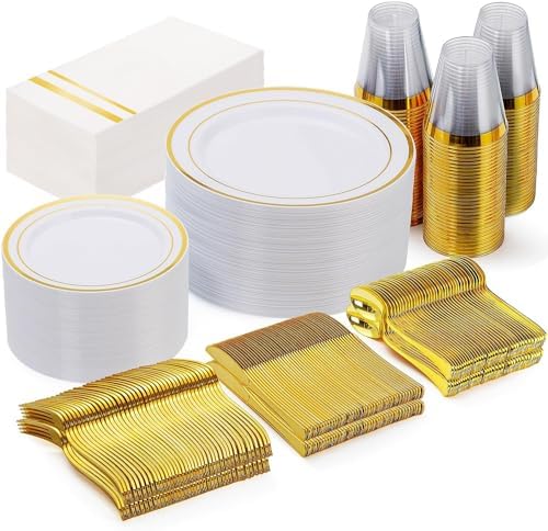 GATHER 350PCS White and Gold Plastic Plates Set for Party Wedding