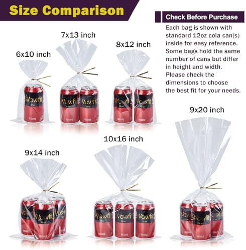 Wowfit 50 CT 9x20 Inch Clear Cellophane Bags with Gold Twist Ties