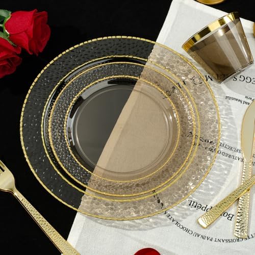 350PCS Clear Black Plastic Plates for 50 Guests