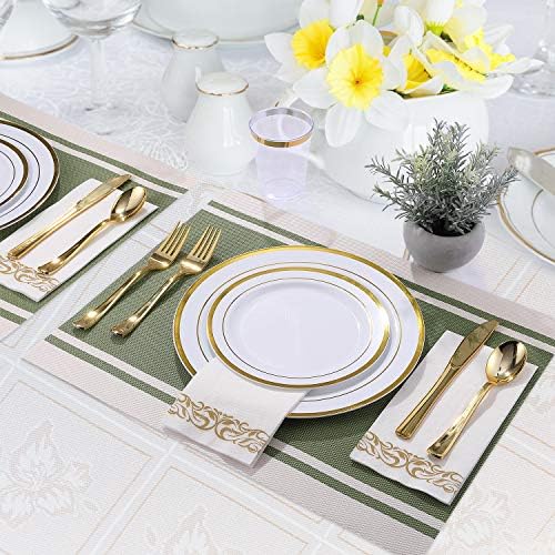 FOCUSLINE 25 Piece Gold Rimmed Disposable Plate Set for 25 Guests