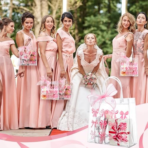 Kolldenn 24 Pcs Clear Gift Bags with Pink Bow Handles