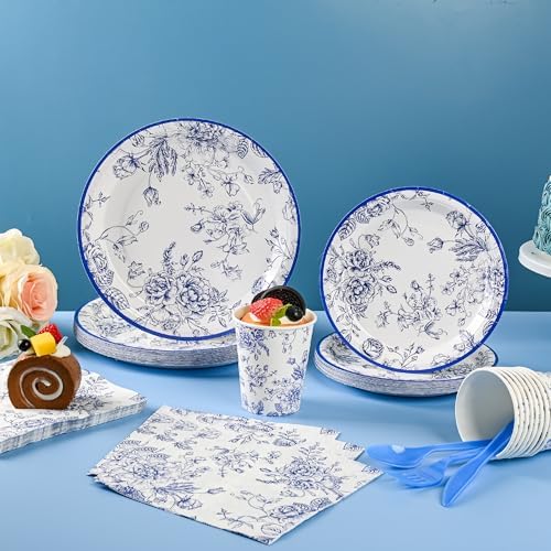 175Pcs Blue Floral Paper Plates and Napkins Party Set