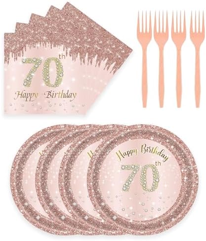 72 Pcs Rose Gold 70th Birthday Party Plates and Napkins Set