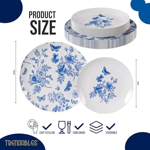 Trendables Blue Floral Plastic Plates 40 Pcs Set