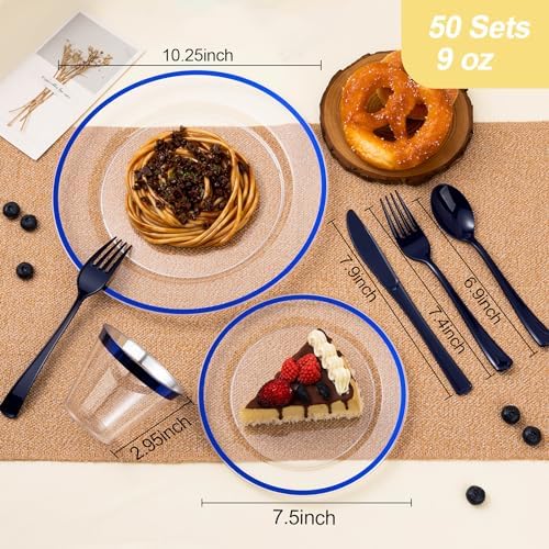 350PCS Blue and Clear Plastic Dinnerware Set for 50 Guests