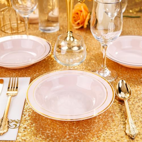 Nervure 50 Pack Pink Plastic Bowls with Gold Rim