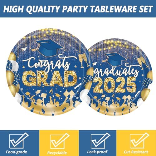 60 PCS Graduation Party Plates Napkins Decor Set Blue Gold
